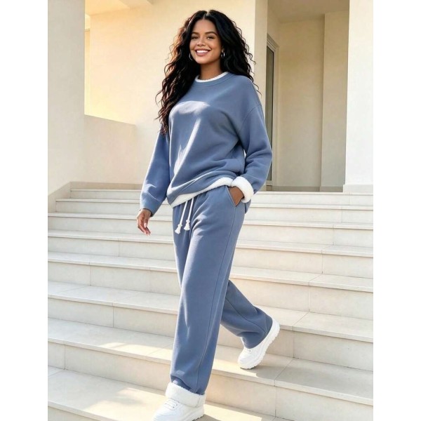 Fall Winter Thick  2-Piece Set, Crew Neck Long Sleeve Top Matched With Drawstring Jogger Pants. Soft Skin-Friendly Fabric