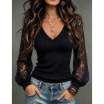 LUMIGAL Apricot Brushed Ribbed Patchwork Sheer Floral Lace V-Neck Lantern Sleeve Casual Romantic Elegant Women's Top For Autumn/Winter Brunch Tea Party