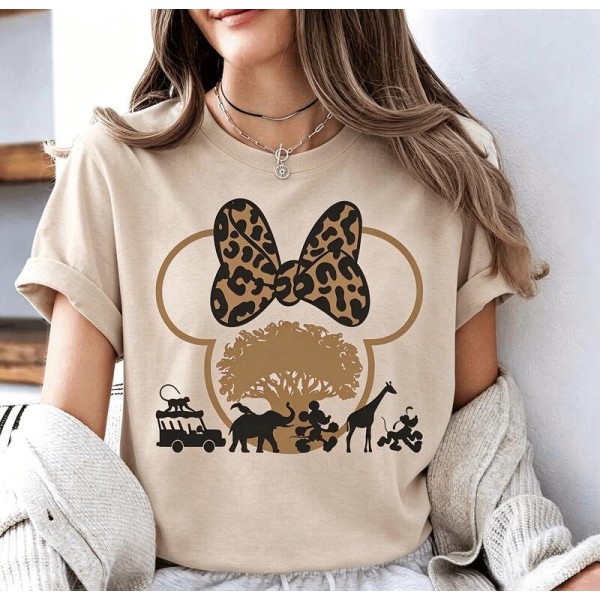Disney Animal Kingdom Leopard Bow Minnie Outline Graphic Tee, Safari Tree Wildlife Silhouette Crew Neck Womens Top