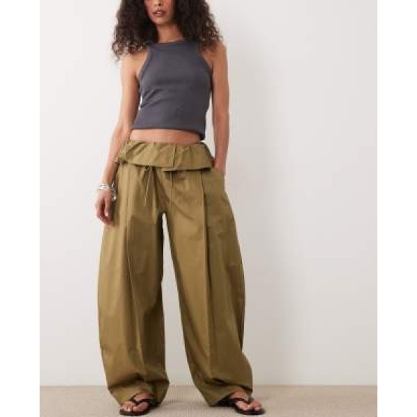 ASOS DESIGN foldover waist detail pants in khaki
