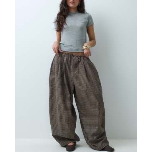 COLLUSION balloon leg trouser with tie waist in brown check