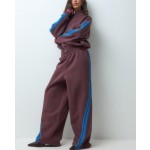 ASOS DESIGN wide leg stripe detail track pant set in brown with blue stripe
