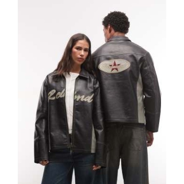Reclaimed Vintage unisex leather look motor jacket with branding
