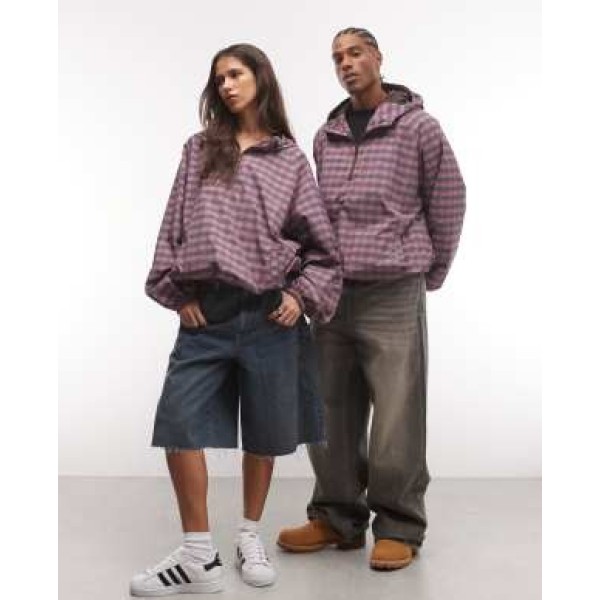 COLLUSION Unisex oversized hooded track jacket in pink plaid