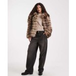 ASOS DESIGN patched stripes short faux fur jacket in brown
