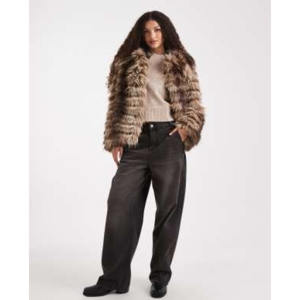 ASOS DESIGN patched stripes short faux fur jacket in brown
