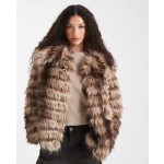 ASOS DESIGN patched stripes short faux fur jacket in brown