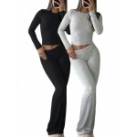 INAWLY Solva Women's Solid Color Long Sleeve Top And Long Pants 2 Pieces Set