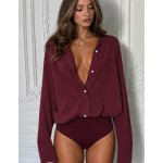 TaskSense Glossy Premium Draped Women's Casual Daily Commute Versatile Collared Long Sleeve Bodysuit