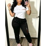 Paris Casual Women's T-Shirt With Paris Letters, Paired With Sports Pants, Featuring Pockets And Elastic Waistband. Fall Clothing, Two-Piece Set.