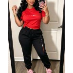 Paris Casual Women's T-Shirt With Paris Letters, Paired With Sports Pants, Featuring Pockets And Elastic Waistband. Fall Clothing, Two-Piece Set.