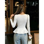 Fashion Women's Long Sleeve Square Neck Knit Top, Regular Length Ruffle Hem Blouse