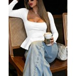 Fashion Women's Long Sleeve Square Neck Knit Top, Regular Length Ruffle Hem Blouse