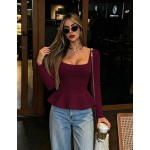 Fashion Women's Long Sleeve Square Neck Knit Top, Regular Length Ruffle Hem Blouse