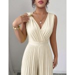 Elenzga Women's Spring/Summer Elegant Commuter Yellow V-Neck Sleeveless Metal Buckle Pleated Waist Cinched Ruched Design Fitted Slim Jumpsuit