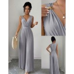 Elenzga Women's Spring/Summer Elegant Commuter Yellow V-Neck Sleeveless Metal Buckle Pleated Waist Cinched Ruched Design Fitted Slim Jumpsuit