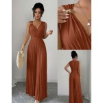 Elenzga Women's Spring/Summer Elegant Commuter Yellow V-Neck Sleeveless Metal Buckle Pleated Waist Cinched Ruched Design Fitted Slim Jumpsuit