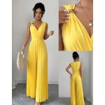 Elenzga Women's Spring/Summer Elegant Commuter Yellow V-Neck Sleeveless Metal Buckle Pleated Waist Cinched Ruched Design Fitted Slim Jumpsuit