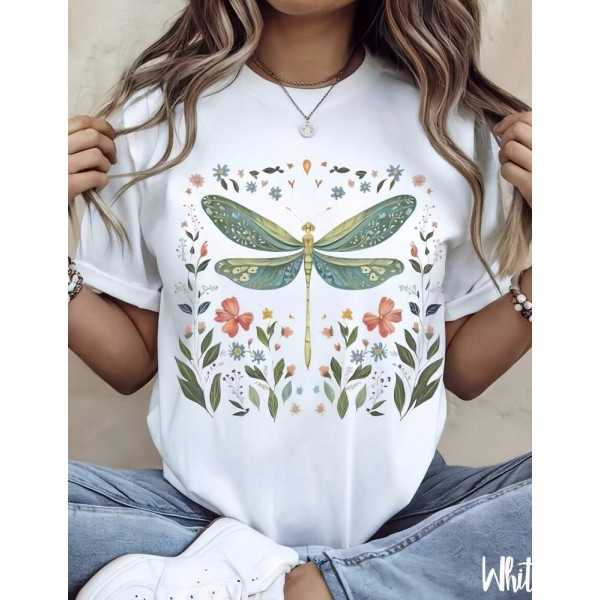 1pc Women' Dragonfly Floral Print White TShirt Crew Neck Casual Cotton Tee Medium Stretch Knit Fabric Regular Fit For Female Ladies For //