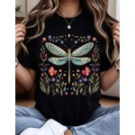 1pc Women' Dragonfly Floral Print White TShirt Crew Neck Casual Cotton Tee Medium Stretch Knit Fabric Regular Fit For Female Ladies For //