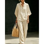 SHEIN Franclia 2pcs Apricot Vacation Set, Top And Wide-Leg Pants, Women's Countryside Style Elegant Outfit, Summer Holiday Beach Wear