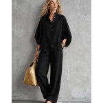 SHEIN Franclia 2pcs Apricot Vacation Set, Top And Wide-Leg Pants, Women's Countryside Style Elegant Outfit, Summer Holiday Beach Wear