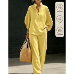 SHEIN Franclia 2pcs Apricot Vacation Set, Top And Wide-Leg Pants, Women's Countryside Style Elegant Outfit, Summer Holiday Beach Wear