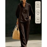 SHEIN Franclia 2pcs Apricot Vacation Set, Top And Wide-Leg Pants, Women's Countryside Style Elegant Outfit, Summer Holiday Beach Wear