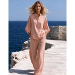 SHEIN Franclia 2pcs Apricot Vacation Set, Top And Wide-Leg Pants, Women's Countryside Style Elegant Outfit, Summer Holiday Beach Wear