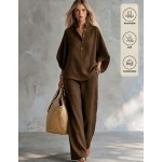 SHEIN Franclia 2pcs Apricot Vacation Set, Top And Wide-Leg Pants, Women's Countryside Style Elegant Outfit, Summer Holiday Beach Wear
