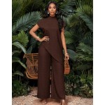 SHEIN Lady Women's Dark Brown 2 Pieces Set Minimalist Short Sleeve Top And Pants,Elegant Summer Vacation Holiday Outfits,Business Casual Office Work Clothes,2025