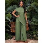 SHEIN Lady Women's Dark Brown 2 Pieces Set Minimalist Short Sleeve Top And Pants,Elegant Summer Vacation Holiday Outfits,Business Casual Office Work Clothes,2025