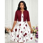 SHEIN Lady Women's Elegant Vintage Solid Color Cropped Top And Floral Print Dress 2-Piece Set, Summer Wedding Brunch Olive Green Green Floral