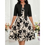 SHEIN Lady Women's Elegant Vintage Solid Color Cropped Top And Floral Print Dress 2-Piece Set, Summer Wedding Brunch Olive Green Green Floral