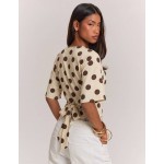 SHEIN BAE Women's Round Neck Cinched Waist Lace Patchwork T-Shirt, Pale Yellow Polka Dot Print Pattern, Casual Minimalist Retro Elegant Commute Versatile Warm, Women's Autumn Cloth