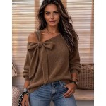 Holdful Holdful Women's Asymmetric Cold Shoulder Knit Sweater, Oversized Romantic Elegant Long Sleeve Jumper With Side Big Bow Decor Brunch Cream White Autumn