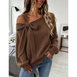 Holdful Holdful Women's Asymmetric Cold Shoulder Knit Sweater, Oversized Romantic Elegant Long Sleeve Jumper With Side Big Bow Decor Brunch Cream White Autumn