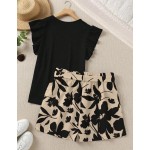 SHEIN LUNE 2pcs Elegant Casual Solid Color Ruffle Trim Top And Printed Shorts Set, Summer Outfits For Women Vacation Black Floral Beige