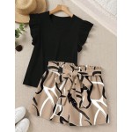 SHEIN LUNE 2pcs Elegant Casual Solid Color Ruffle Trim Top And Printed Shorts Set, Summer Outfits For Women Vacation Black Floral Beige