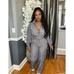 SRoinpar European And American Fashion Women's Woven Contrast Line Top And Wide Leg Elastic Waist Button Sports Pants 2 Pieces Set Elegant