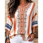Linhara Ladies' Casual Bohemian-Style Printed Vacation Top, A Relaxed And Fashionable V-Neck Short-Sleeve Bl
