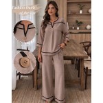 SHEIN LUNE 女款素色缺口V領七分袖上衣與條紋長褲休閒套裝