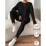 SHEIN Frenchy Drop Shoulder Ribbed Knit Tee & Leggings Textured Fabric Two Pieces Winter Casual Spring