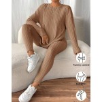 SHEIN Frenchy Drop Shoulder Ribbed Knit Tee & Leggings Textured Fabric Two Pieces Winter Casual Spring