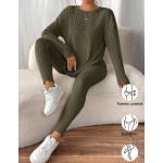 SHEIN Frenchy Drop Shoulder Ribbed Knit Tee & Leggings Textured Fabric Two Pieces Winter Casual Spring
