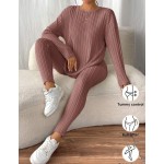 SHEIN Frenchy Drop Shoulder Ribbed Knit Tee & Leggings Textured Fabric Two Pieces Winter Casual Spring