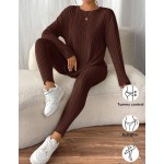 SHEIN Frenchy Drop Shoulder Ribbed Knit Tee & Leggings Textured Fabric Two Pieces Winter Casual Spring
