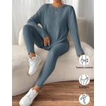 SHEIN Frenchy Drop Shoulder Ribbed Knit Tee & Leggings Textured Fabric Two Pieces Winter Casual Spring