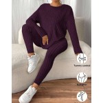 SHEIN Frenchy Drop Shoulder Ribbed Knit Tee & Leggings Textured Fabric Two Pieces Winter Casual Spring