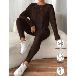 SHEIN Frenchy Drop Shoulder Ribbed Knit Tee & Leggings Textured Fabric Two Pieces Winter Casual Spring